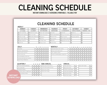 May include: A printable cleaning schedule checklist with a black and white design. The checklist includes daily, weekly, monthly, quarterly, semi-annual, and annual cleaning tasks. The checklist is divided into sections for kitchen, laundry, bathrooms, bedrooms, living entry, car/outdoor, and general tidy.