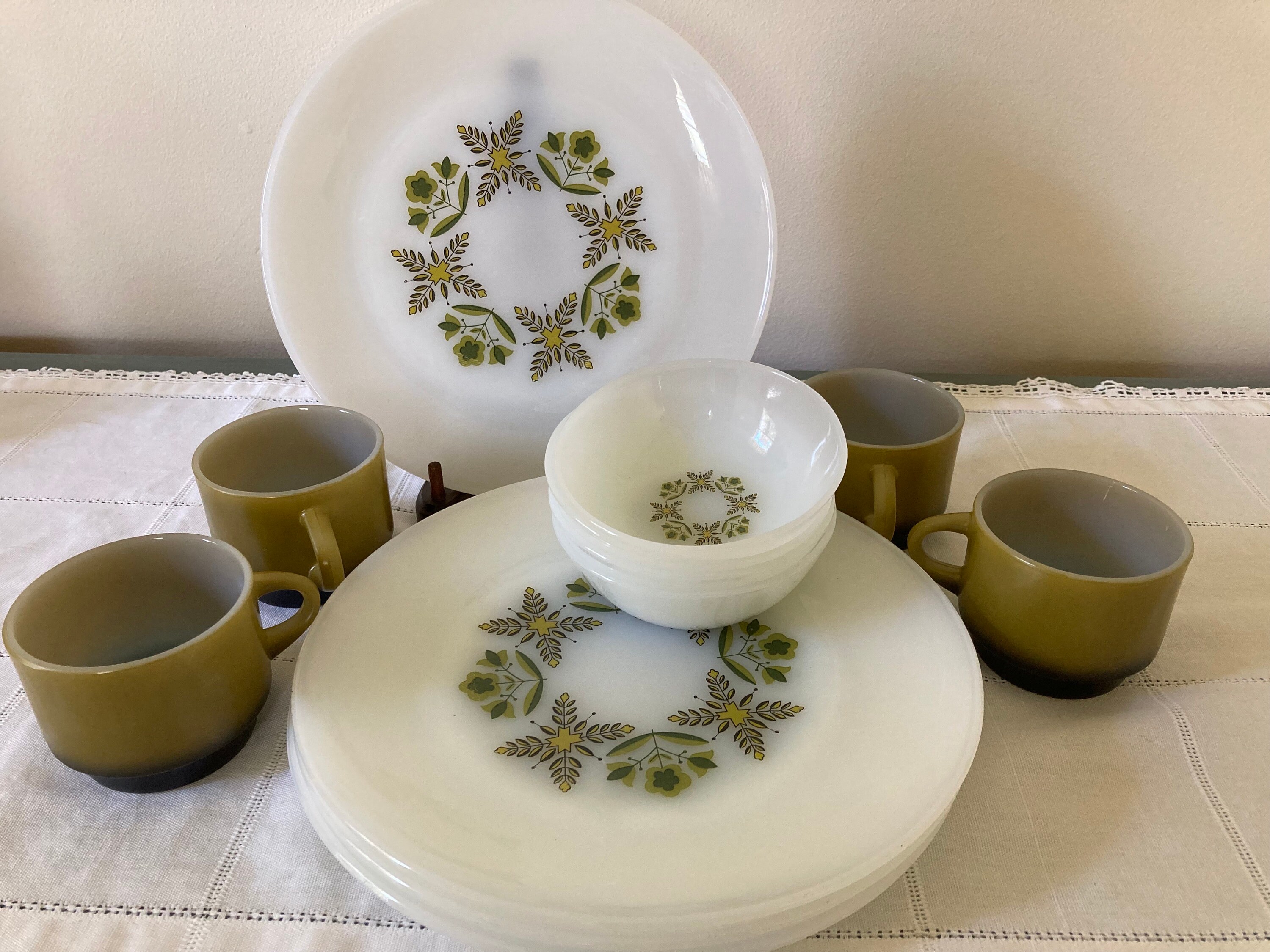Anchor Hocking Fire King Meadow Green Plates, Bowls and Cups - Set