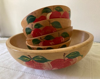 Vintage Beteson Japan Wooden Salad Bowl Set: Hand-Painted Apples
