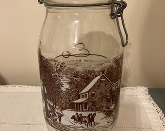 Currier and Ives 1.5 Liter 9" Mason Cookie Storage Jar Canister with Lid