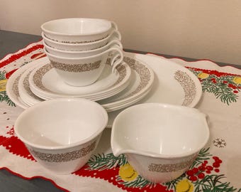 Pyrex Corelle Woodland Brown Creamer Sugar Bowl Cups Saucers Plates Platter