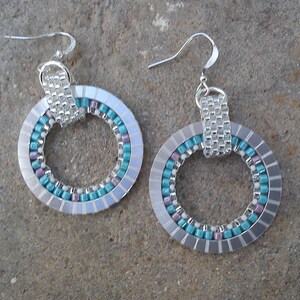 Earrings, handmade beadwork,  with blue and pink Miyuki Delica beads and Miyuki a silver lined seed beads on silver ring (#364).