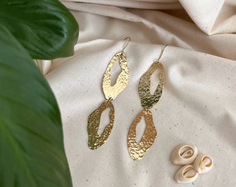 Long Gold Earrings // Statement Earrings // Gift for her // Hammered Brass Earring // Organic Shaped Earrings // Lightweight Brass Earrings