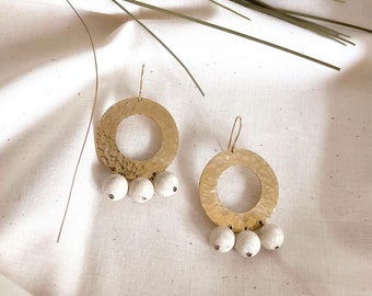 Beaded Brass Earrings // Riverstone Earrings // Brass Hoop Earrings // Unique Brass Earrings // Hammered Brass Earrings