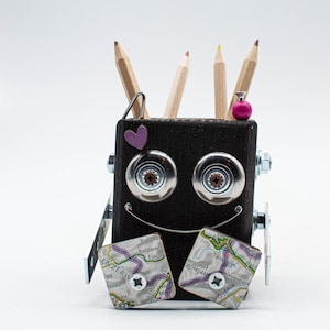 Handmade red robot shaped pen holder