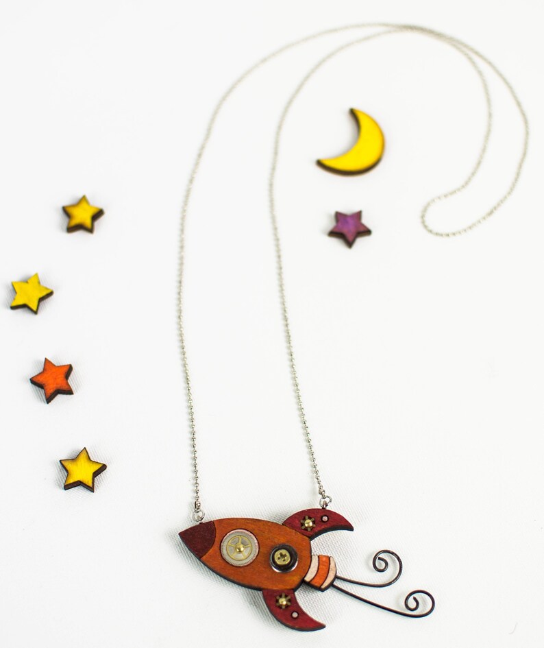 Laser-cut orange wood missile pendant Handmade robot necklace