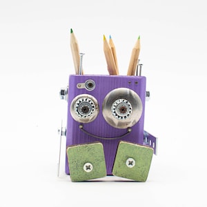 Handmade red robot shaped pen holder