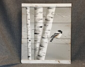 White Birch Painting, painting on wood, Reclaimed wood wall Art, Hand painted White Birch, Distressed, wall decor, chickadee Bird, Rustic