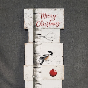 Christmas painting on pallet wood,  white wash Farmhouse word sign, White Birch, Merry Christmas decor, hand painted Holiday decor