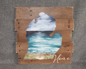 Michigan Beach Painting: Hand-Painted Pallet Wood State Art