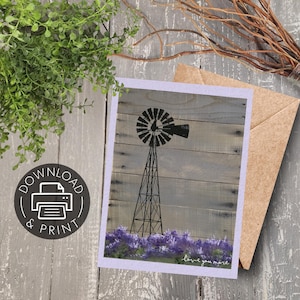 Digitaler Download zum Basteln von Original Kunstwerk, Bauernhaus Windmühle im Lavendelfeld, Grußkarten, Notiz- & Grußkarten, skalierbar