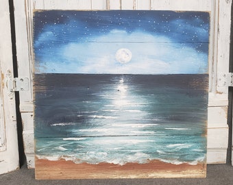 Beach Art seascape,  Moon rise over beach, Pallet beach painting, moon reflection, reclaimed wood painting, Hand painted, upcycled pallet