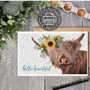 Druckbare originale Grafik für Handwerk, Notiz- & Grußkarten, sofortige DIGITALE Downloads für Aufkleber, skalierbare, Sunflower Highland Kuh-Kunst
