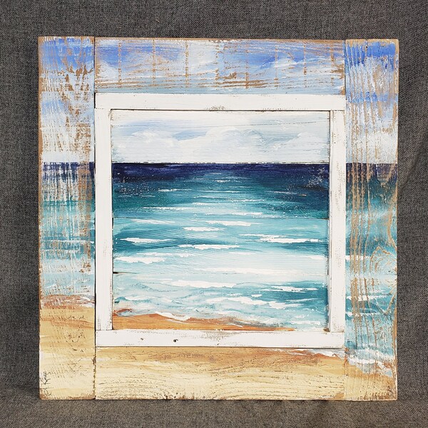 Beach Art seascape, Nautical Painting decor, Pallet beach painting, cottage decor on reclaimed wood painting, Hand painted