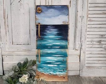 Beach Pallet wall Art, handmade Hand painted seascape with rope accent, Beach sign Cottage, upcycled,  Distressed, Shabby Chic
