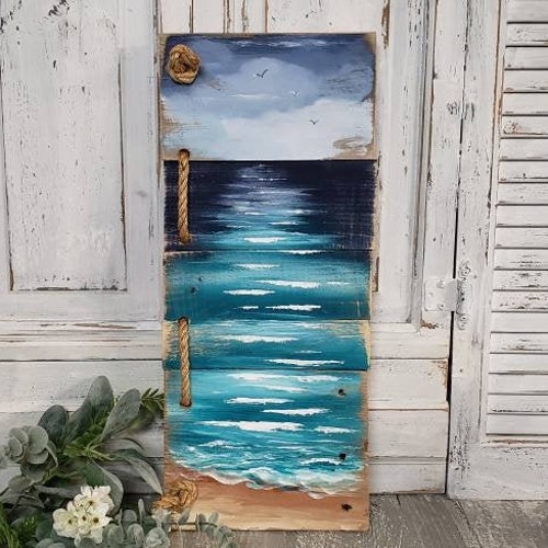Wood Pallet Beach Wall Art BEACH Hand Painted Seascape Etsy