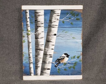 White Birch Painting, Painting on Pallet wood, Bird, Wall art barnwood, Reclaimed Wood Pallet Art, Rustic & Shabby Chic