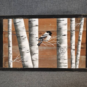 White Birch Painting with a  carved heart in tree with initials,  Painting on Pallet wood and fencing, personalized wedding gift