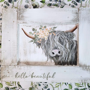 Highland cow with flower crown, Grey nursery decor hand painted on rustic recycled pallet wood, hello beautiful, peach cream flowers