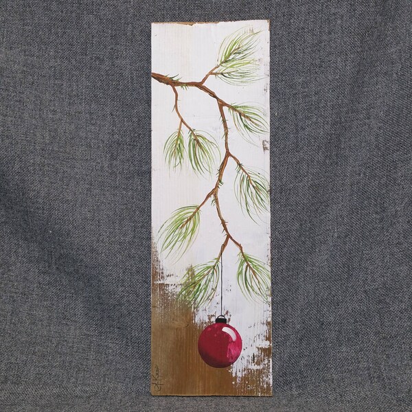 Red Christmas decoration, Christmas Gift, Pine Branch with RED Bulb, hand painted Reclaimed barnwood, Christmas decor