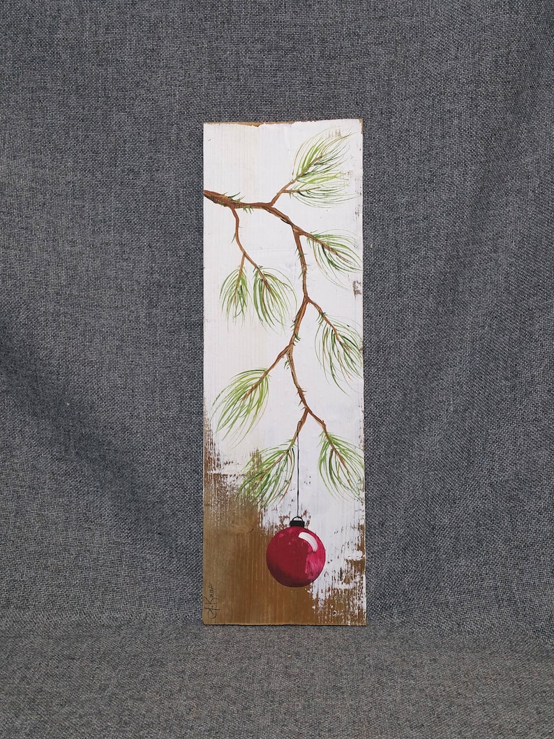 Red Christmas decoration, Christmas Gift, Pine Branch with RED Bulb, hand painted Reclaimed barnwood, Christmas decor 