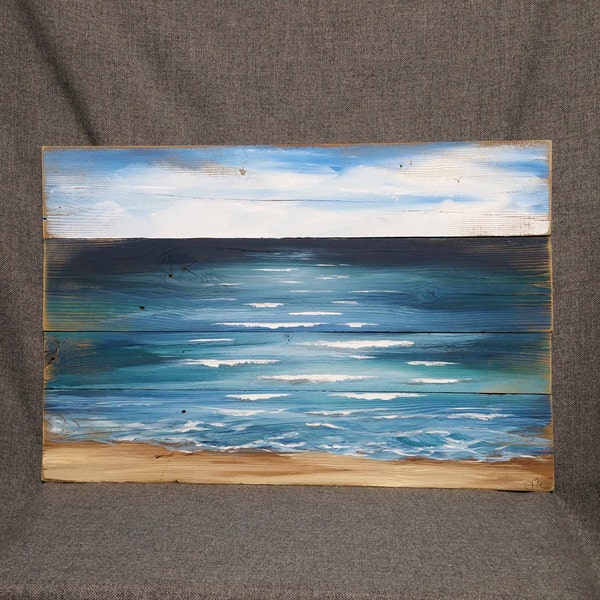 Pallet beach painting, pallet ocean wall art, Beach blues, upcycled, Handmade Seascape horizon, ocean, Distressed, shabby