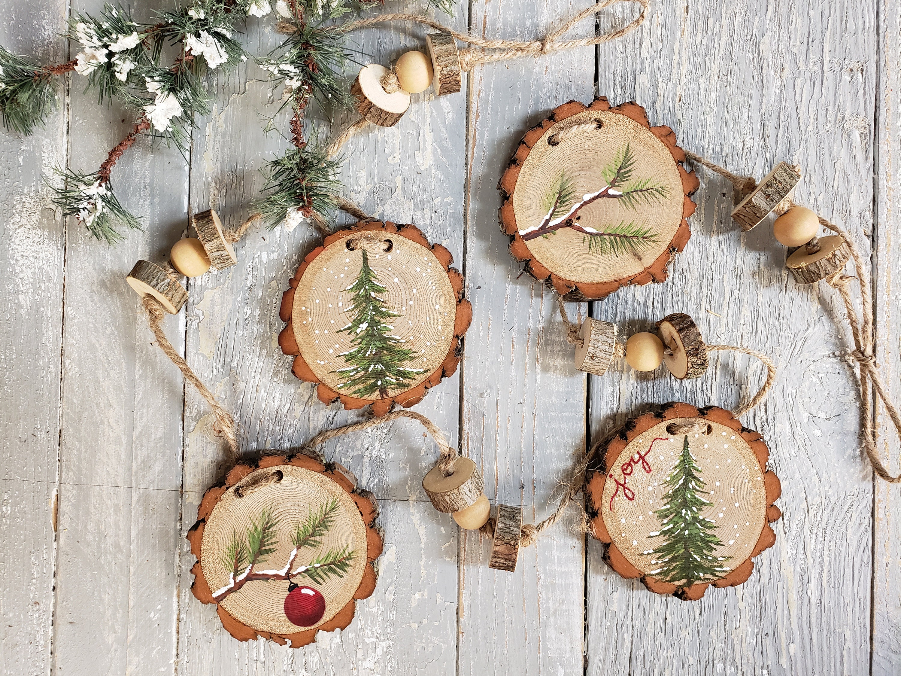 Christmas Bead Garland, Wood Slice Christmas ornaments, Handpainted…