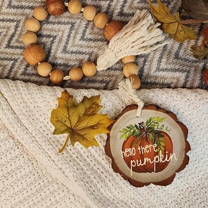 May include: A wooden slice with a painted pumpkin and the text "hello there pumpkin". The slice is decorated with a brown twine and a white tassel. The slice is surrounded by fall leaves and a wooden bead garland.