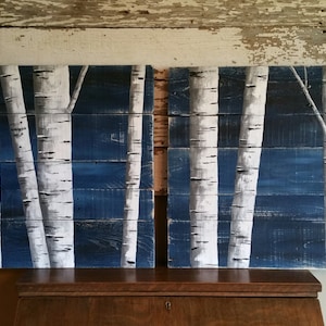 Painting on Pallet wood, Pallet wall decor, White Birch Painting, 2 Piece set, Hand Painted Dark Blue, reclaimed wood, upcycled rustic