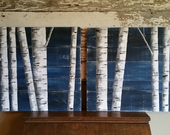 Painting on Pallet wood, Pallet wall decor, White Birch Painting, 2 Piece set, Hand Painted Dark Blue, reclaimed wood, upcycled rustic