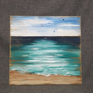 Strandlandschaft, Paletten-Strandmalerei, schämender Strand, Ozean, wiedergewonnene Holzmalerei, handbemalte, hochgeladene Palette
