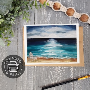 Pintura de praia Download digital para criação DIY de obras de arte originais, cartões de felicitações, adesivos, cadeira adirondack escalável