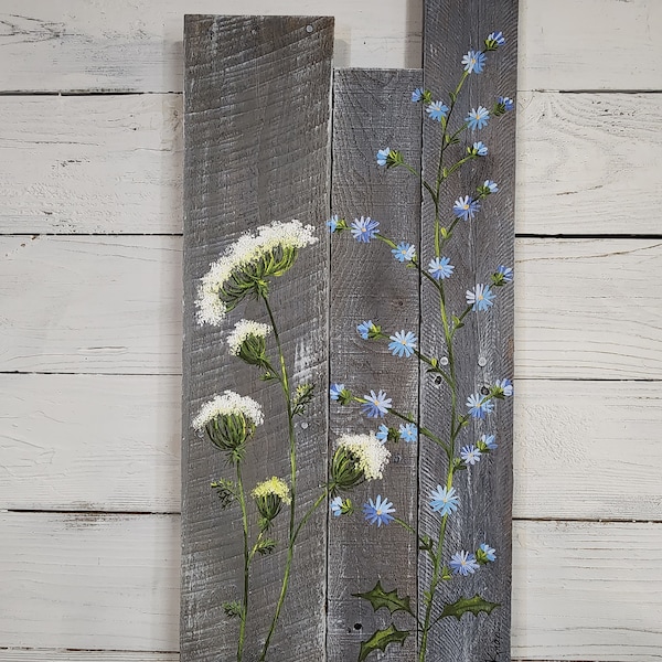 Pallet wall art, wild flowers greenery, Farmhouse decor, gray aged wood, hand painted flowers, Mom Birthday gift, Rustic shabby, Reclaimed