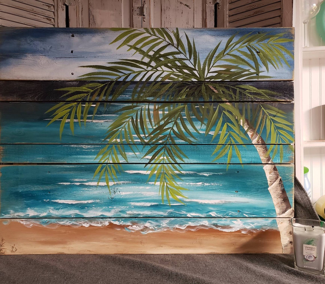 Pallet wood Art BEACH Beach palmtree Pallet wall handmade Etsy