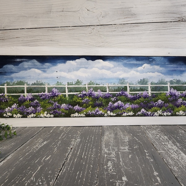 White picket fence, Lavender field, white daisies, pallet wall art, hand painted flower field, shabby white washed frame, painting on wood