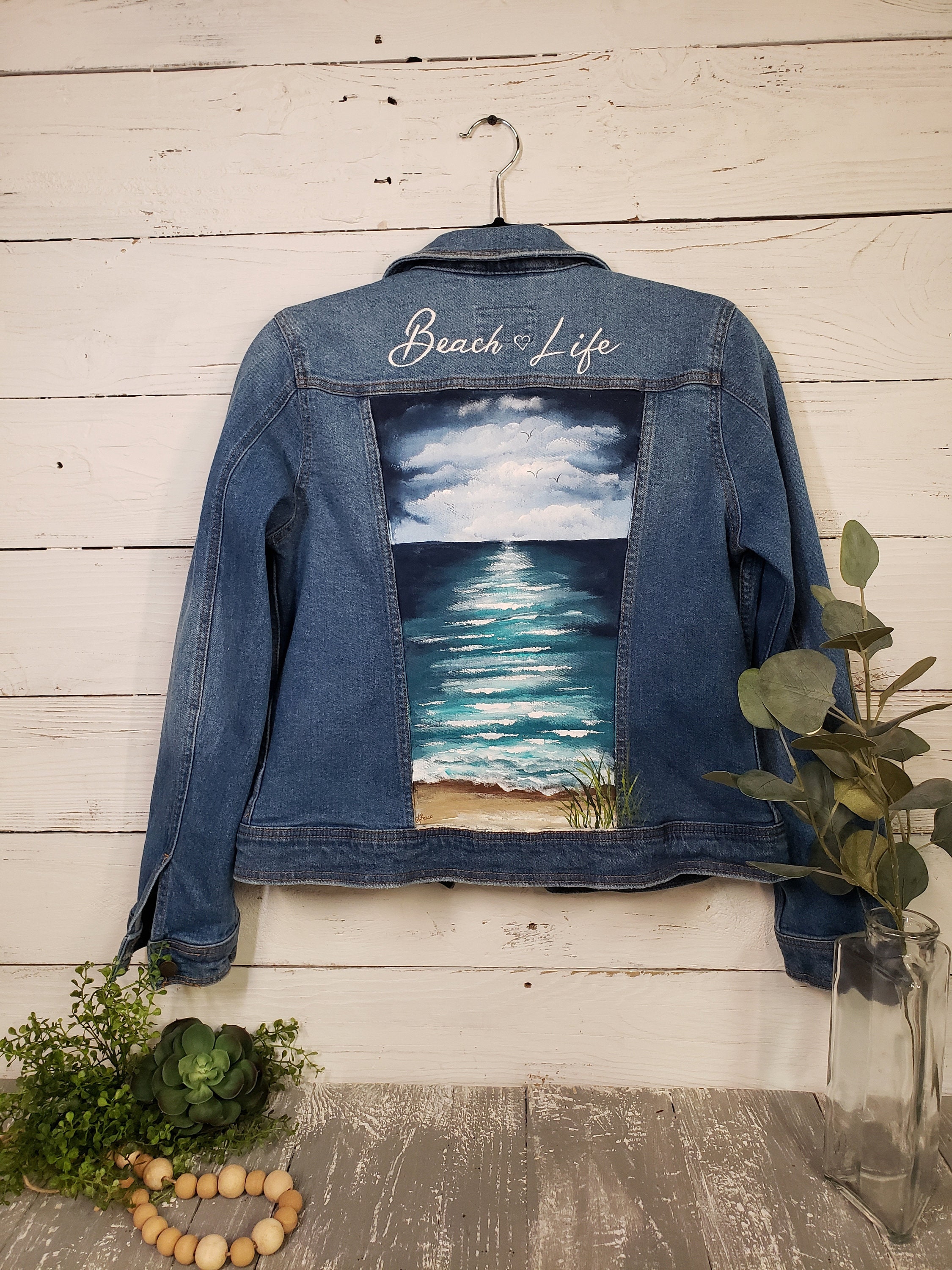 Hand Painted Beach Denim Jacket Beach Life Custom Painted - Etsy