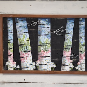 NEW Abstract White Birch wall art Painting, part of &quot;Birch Reflections&quot; collection, Spring and Summer flower painting on pallet wood