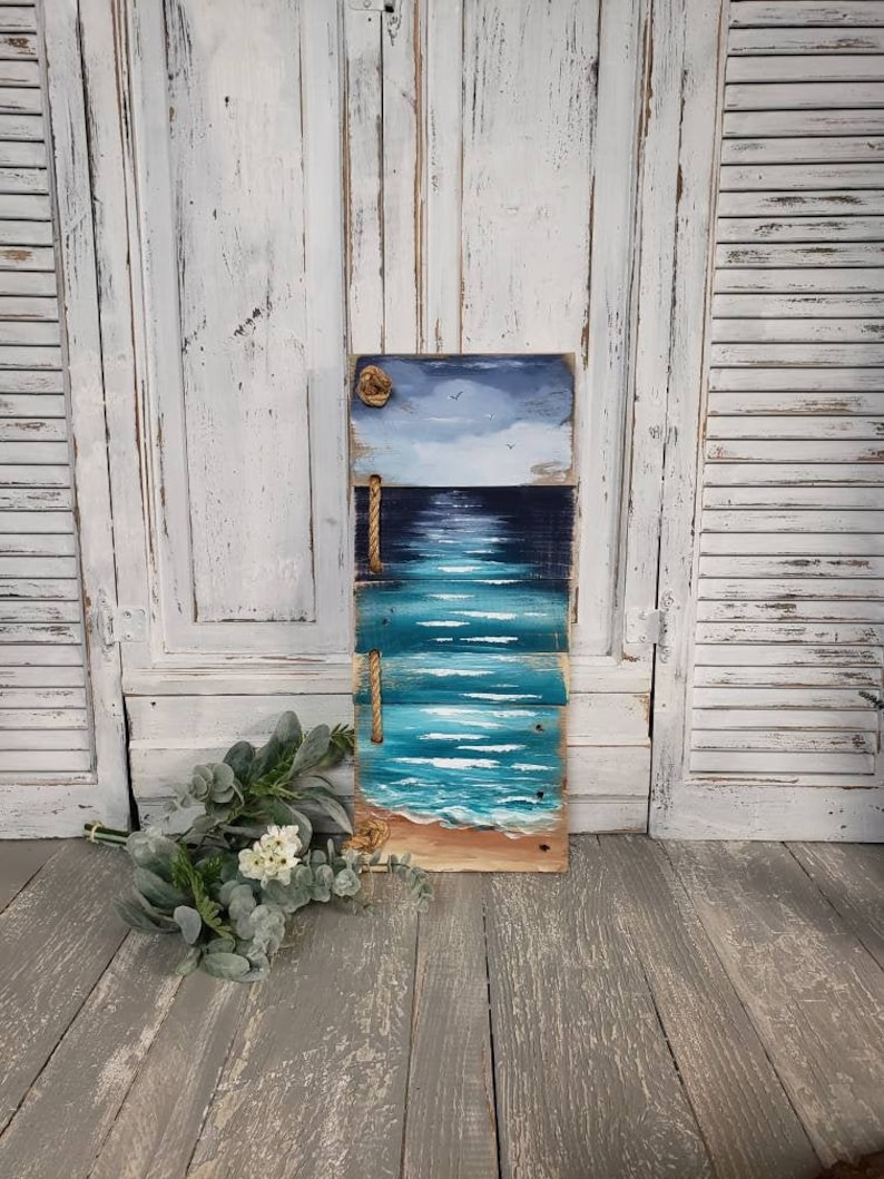 Beach Pallet Wall Art Handmade Hand Painted Seascape With Etsy