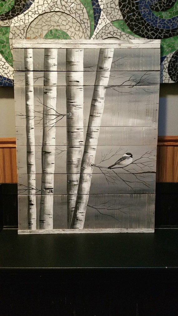 Gray Pallet Art White Birch Painting Large Distressed Etsy