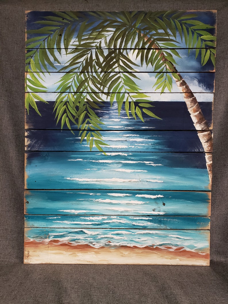 Beach Painting Pallet Art Hand Painted Palmtree Nautical Etsy