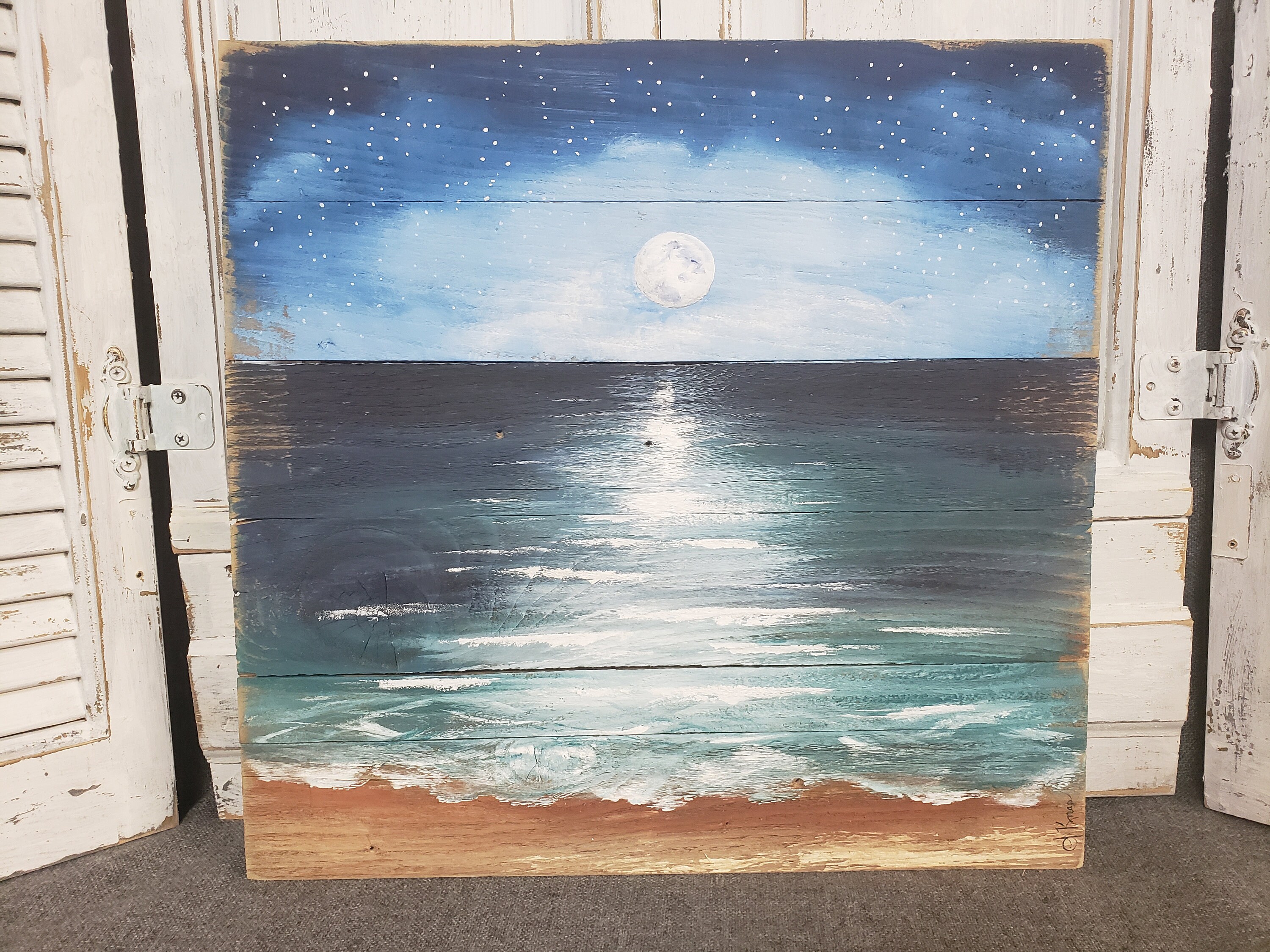 Beach Art Seascape Moon Rise Over Beach Pallet Beach Etsy