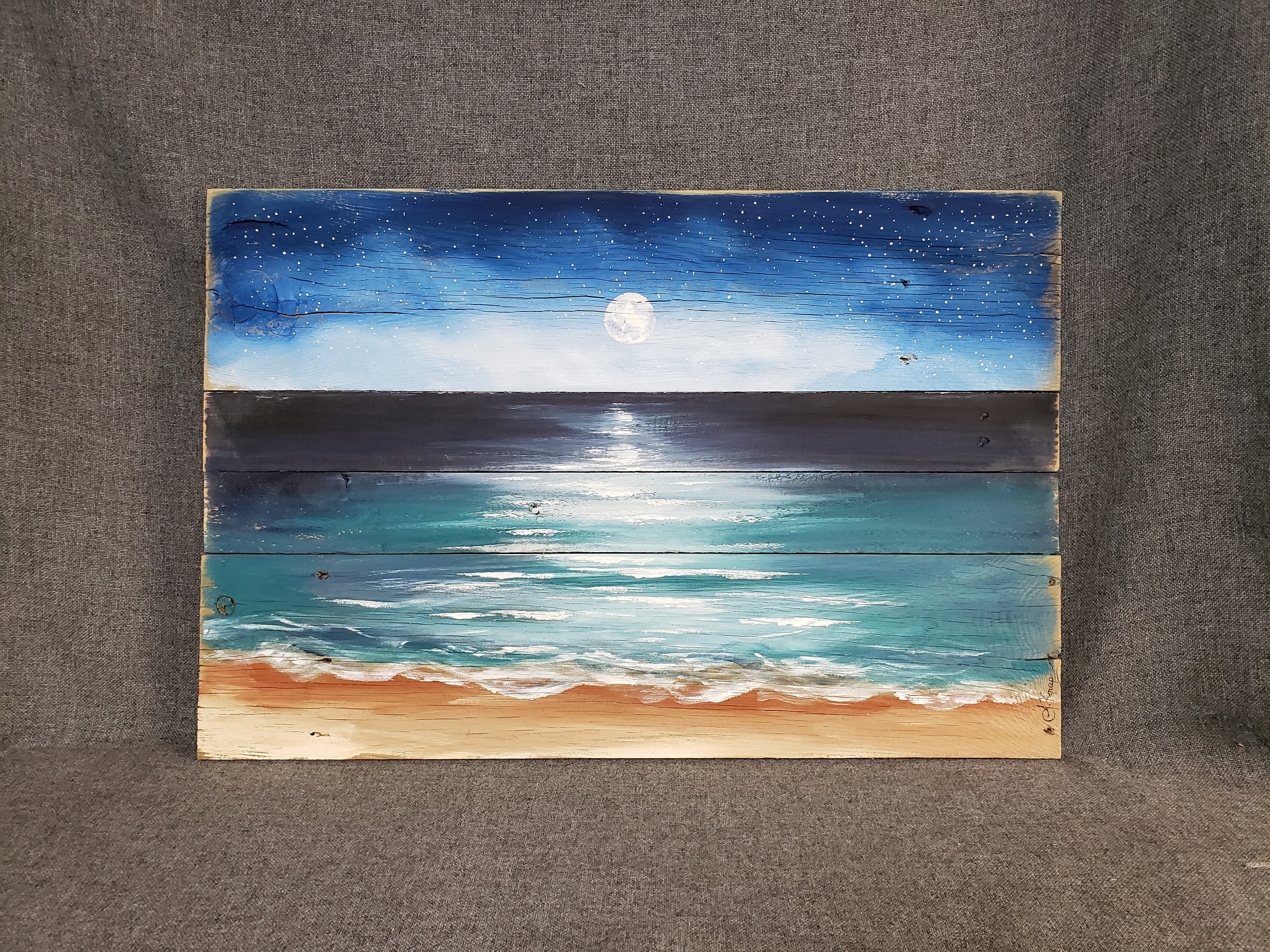 Pallet Beach Painting Moon Rise Over Water Pallet Ocean Wall Etsy
