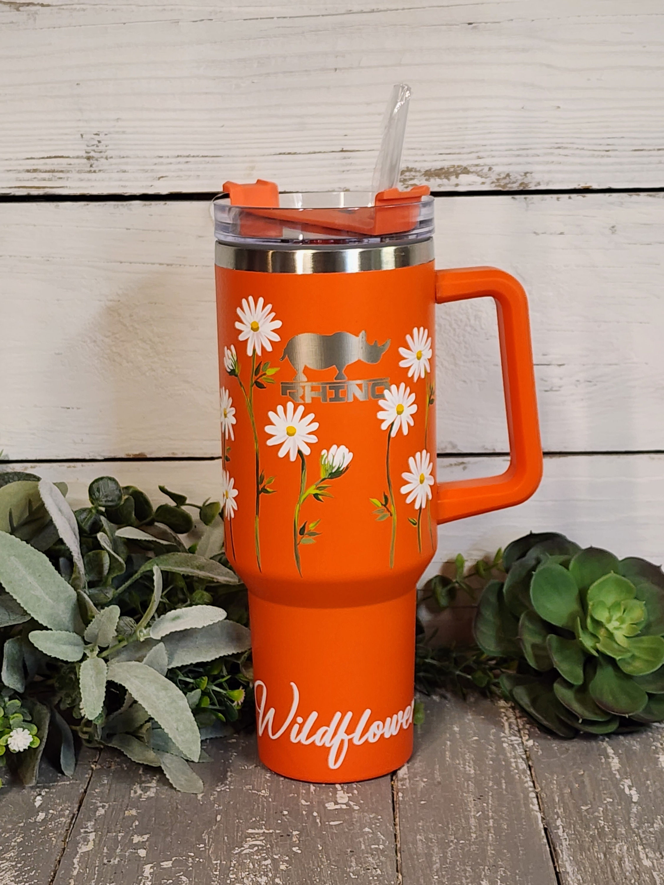 Pink 40oz tumbler with handle, Stanley Dupe with hand painted flower  dasies, Imagine, one of a kind floral wildflower design, water bottle