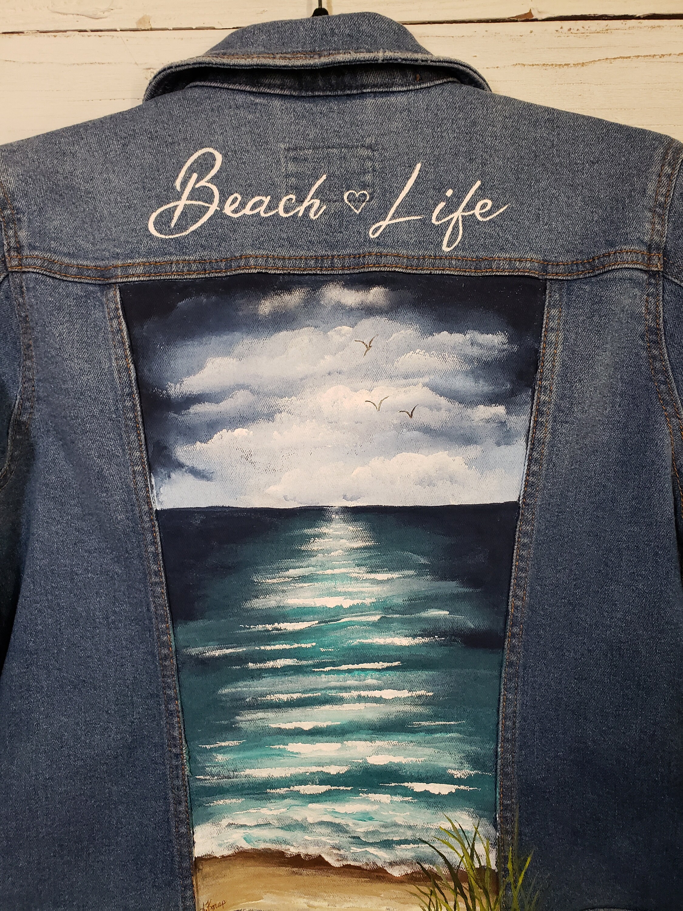 Hand Painted Beach Denim Jacket Beach Life Custom Painted - Etsy