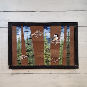 NEW Abstract White Birch wall art Painting, part of &quot;Birch Reflections&quot; collection, Pine tree painting on pallet wood with chickadee