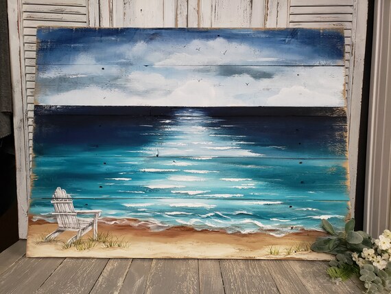 Wood Pallet Beach Wall Art Beach Hand Painted Seascape Etsy