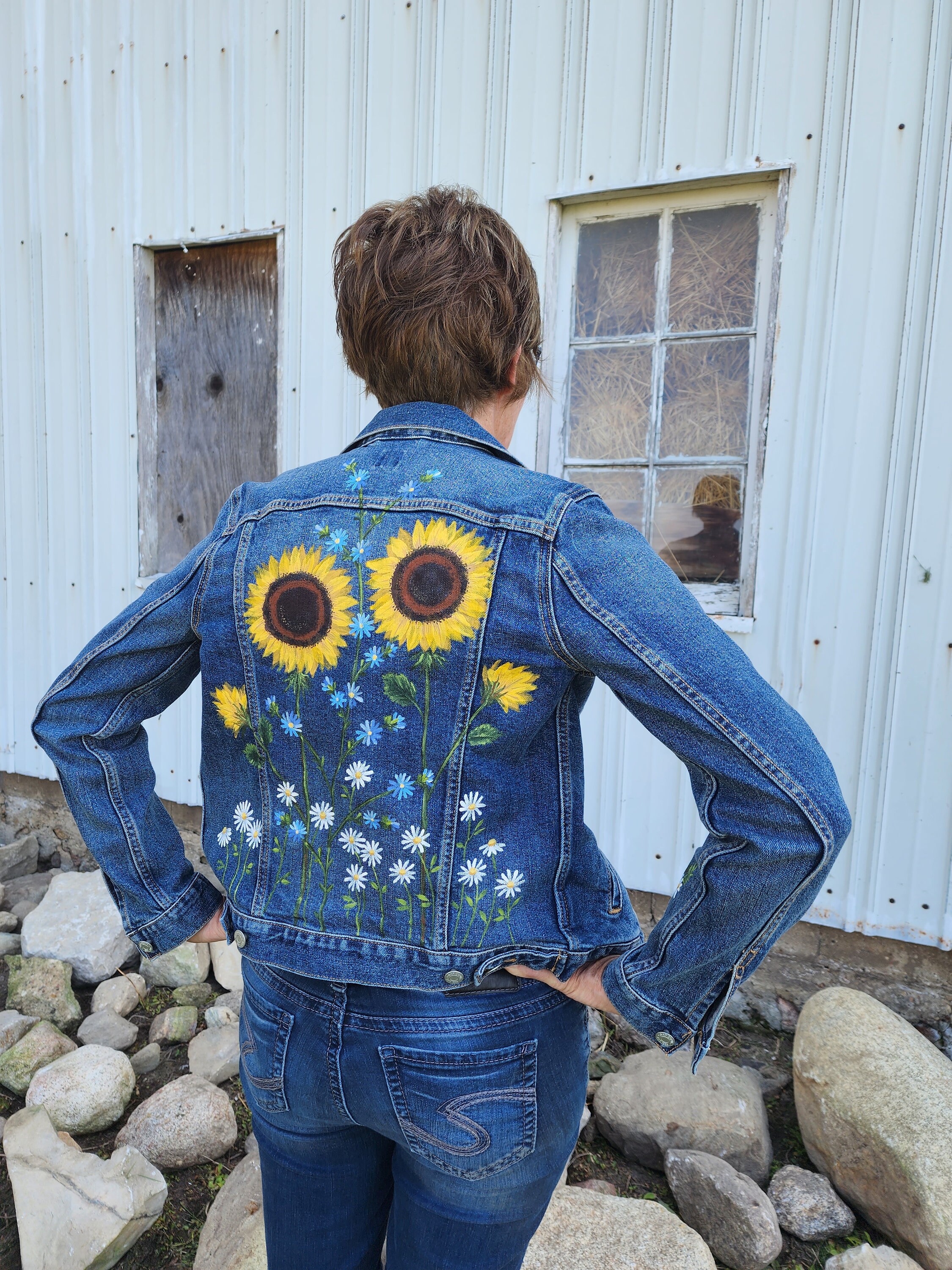Hand Painted Sunflower Denim Jacket Autumn Fall Painted Etsy