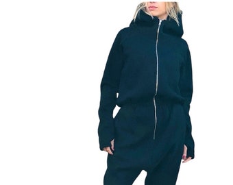 Black Hooded Jumpsuit,  Extravagant Drop Crotch Romper -"Culture"
