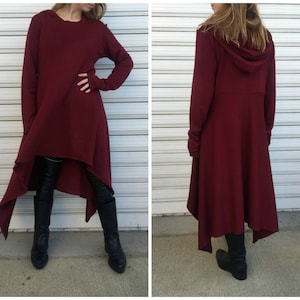 Asymmetrical Hoodie Dress,  Long Sleeves Sweater Dress