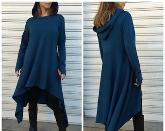 Long Sleeve Sweater Dress / Blue Oversize Hoodie Sweater / Hooded Sweater Top / Asymmetrical Dress - "Side Effects"